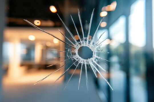 Gunshot bullet broke window glass. Bullet hole in glass from outside to empty office view. Crime, vandalism, terrorism, violence, war concept