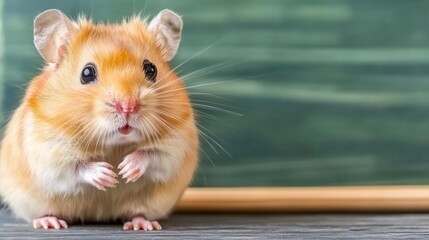 Fototapeta premium A small brown and white hamster sitting on a table, AI