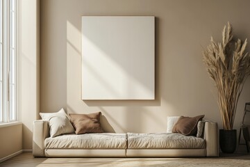 Modern Living Room with Stylish Wood Shelf and Canvas Mockup