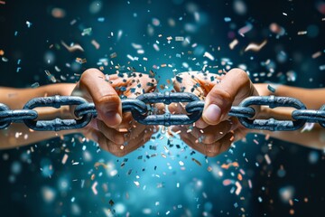 Person breaking chains freedom equality personal strength motivation self-education self-improvement power torn chain free mind release revolt revolution independence and determination protest pride