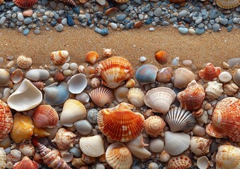 Fototapeta premium Seashell Sea Shell Seashells Shells Sand Sandy Beach Colorful Seamless Tile Texture Pattern Tiled Repeatable Tessellation Background Image