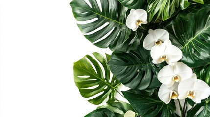 Obraz premium White orchids and green leaves on a white background with copy space.