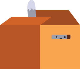 Cartoon cat is peeking out of a small hole in a cardboard box with its tail sticking up