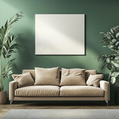 Contemporary Living Room Interior with Beige Sofa and Square Canvas on Green Wall