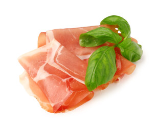 Slices of tasty prosciutto with basil on white background