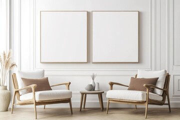 Modern Living Room Interior Design with Minimalist Empty Canvases and Stylish Armchairs