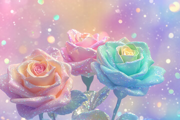 Three pastel roses in pink, blue, and green sparkle in a dreamy light-filled atmosphere with soft bokeh effects, creating a whimsical feel
