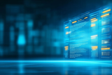 Futuristic digital interface with glowing data panels on a dark background