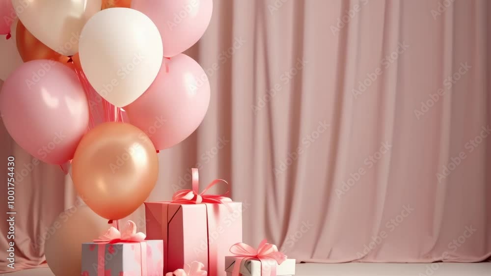 Poster group of pink and white balloons floating next to a stack of presents with a pink curtain backdrop, 