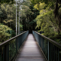 A rustic pedestrian bridge in a forest, large trees