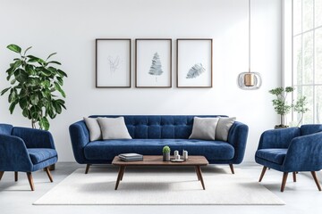 Fototapeta premium Minimalist Living Room Interior with Blue Sofa and Armchair, Coffee Table and Lamp