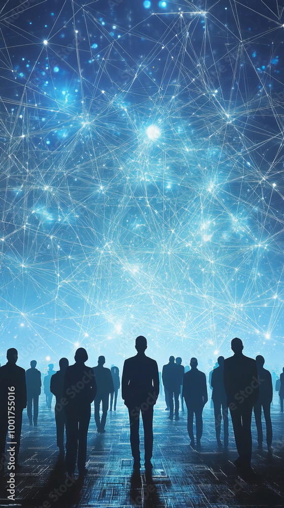 Aufkleber image depicts complex digital network connecting silhouettes of people, creating sense of unity and 