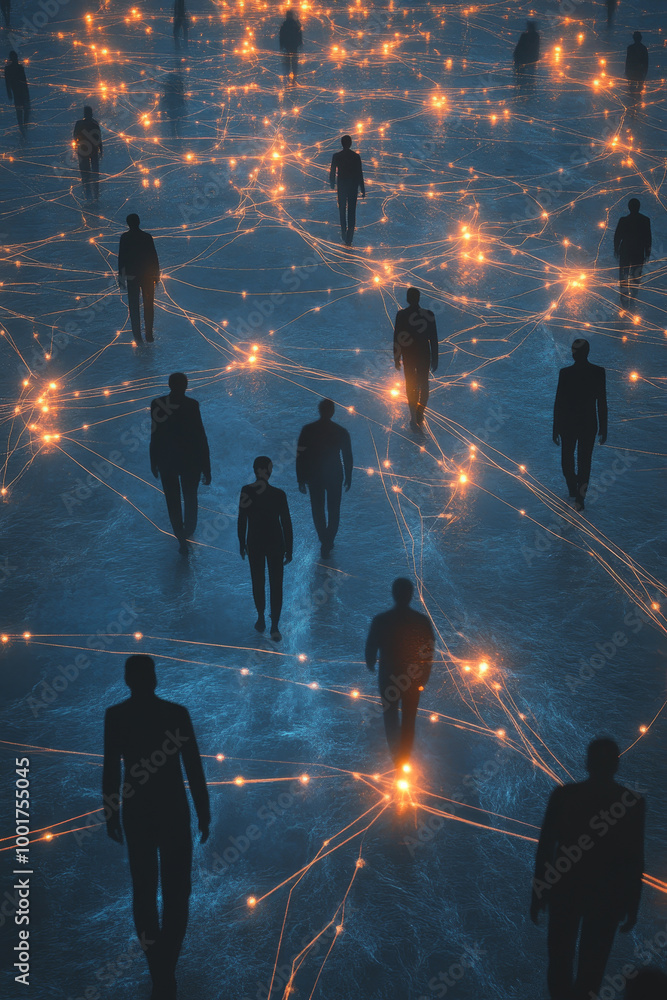Poster a complex network of human silhouettes is interconnected by glowing lines, creating mesmerizing visu
