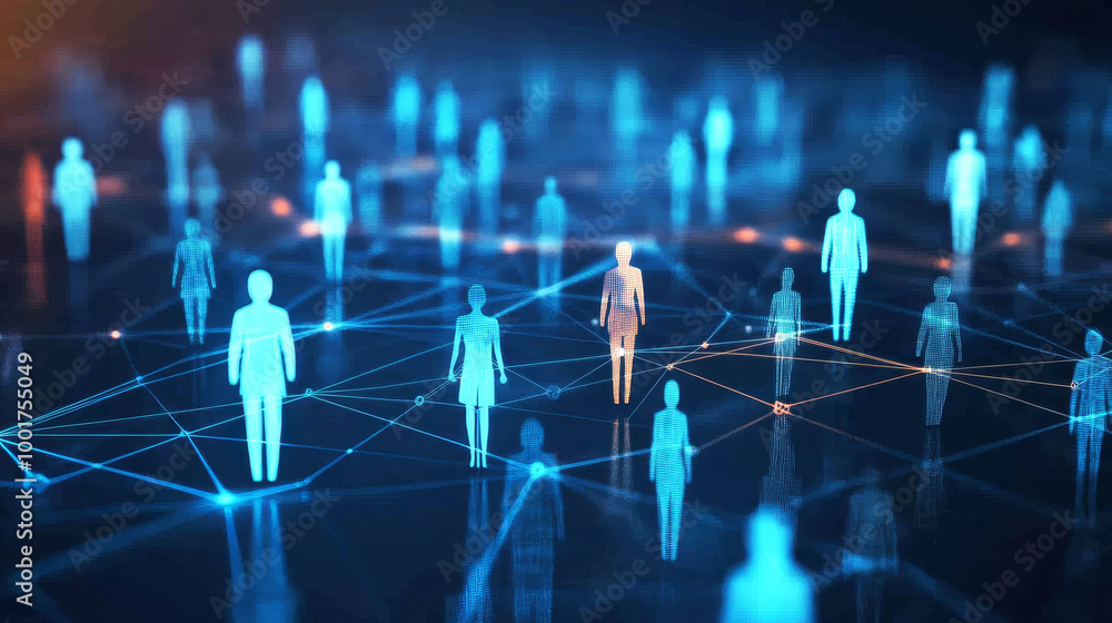 Poster digital silhouettes of people connected by lines represent network of communication and interaction.