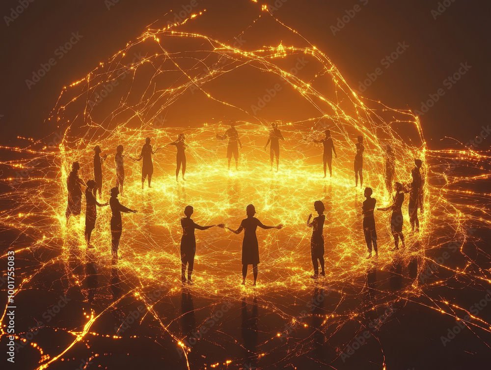 Poster a group of silhouetted people stands in circle, connected by glowing lines of light, creating vibran