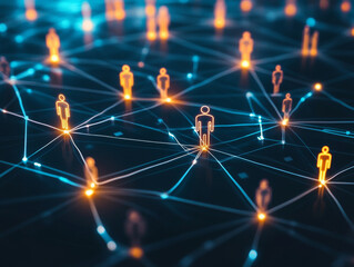 Connected human silhouettes create vibrant digital network, symbolizing communication and collaboration in modern world. glowing lines represent connections and interactions