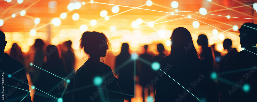 Poster silhouettes of people against glowing background, interconnected by lines and nodes, symbolize netwo
