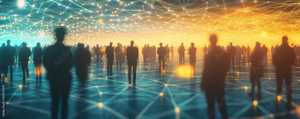 Poster image depicts silhouettes of people standing in web of glowing lines, symbolizing connection and interaction in digital landscape. vibrant colors create dynamic atmosphere