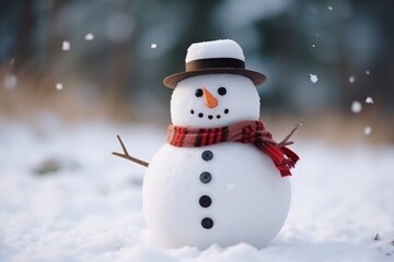 Obraz premium Christmas winter smiling happy snowman frosty snow new year celebration holiday cute decoration greeting december eve face funny white snowball with scarf hat carrot xmas festivity shiny flakes smile