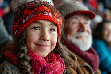 A young girl in a bright knitted hat and scarf smiles happily as she sits with her grandfather at a lively winter event. The atmosphere is festive with fellow spectators surrounding them