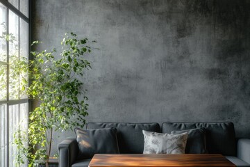 Modern Loft Living Room Interior with Stylish Furniture and Green Plant Decor