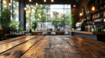 wood table on blur of cafe coffee shop bar background