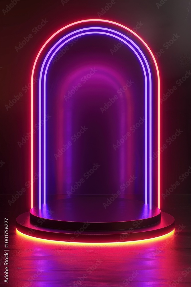 Poster a vibrant display of neon arches illuminating a serene space with colorful lights in a creative stud