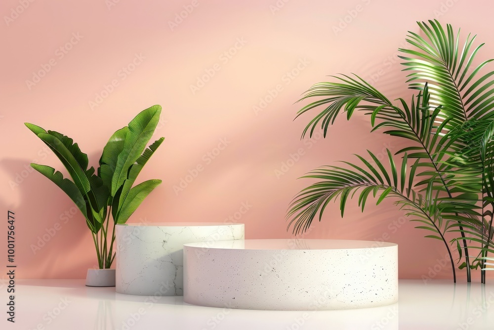 Poster modern minimalistic interior design featuring round marble tables and lush greenery in a soft pink s