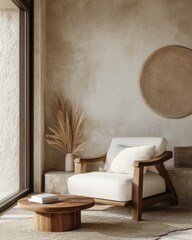 Cozy Modern Living Space with Armchair, Coffee Tables, and Wooden Decor in Elegant 3D Rendered Interior Design