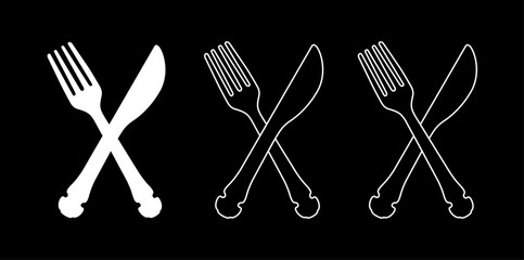 Editable lines icon set of tableware set with fork, knife design. White isolated table utensil icon set with on black background. 