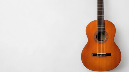 Vintage Acoustic Guitar on White Background with Copy Space