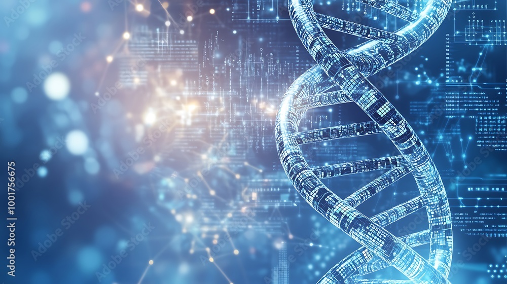Aufkleber A glowing digital DNA double helix stands out against a background of binary code.