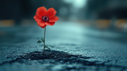Flower growing out of the asphalt on an empty road