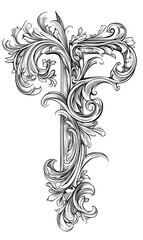 Ornate Floral Design Line Art with Swirls