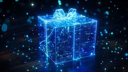 A glowing blue 3D gift box illuminated with a technological fusion style, showcasing a modern and futuristic design