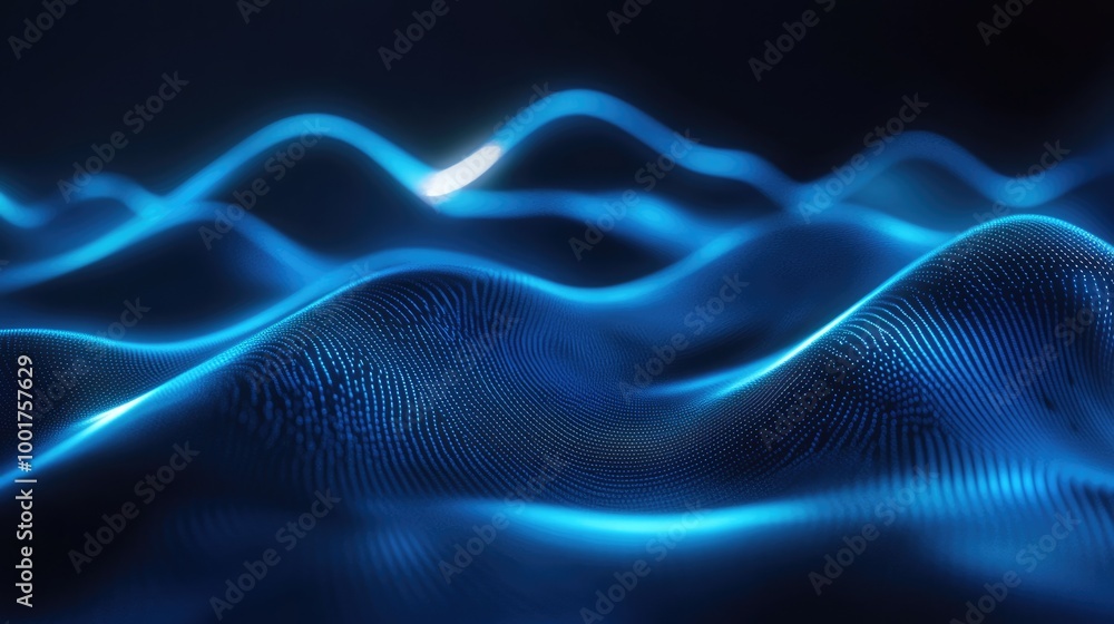 Poster luminous indigo abstract waves. dark and dynamic illustration design with neon glow effect