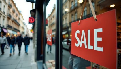 A red sign hanging from a window that says "Sale"