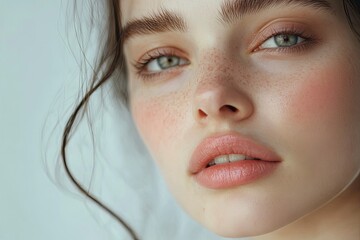 Close-up photo of a beautiful young woman's face with fresh and smooth skin and pink lips with a light background _ smooth skin with skin and body care with generative ai © MUdaylah