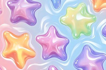  colorful and whimsical pattern featuring star-shaped objects. These stars have a glossy, almost jelly-like appearance and come in various pastel colors, including purple, pink, yellow, green, and blu