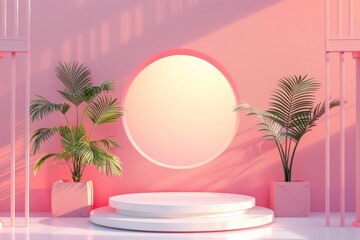 Fototapeta premium A serene pink backdrop featuring tropical plants and a circular opening illuminated by soft sunlight in a modern setting. Generative AI