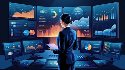 A futuristic illustration of a business setting with a woman standing in front of a large screen displaying multiple graphs and data visualizations. The screen is displaying a variety of data, includi