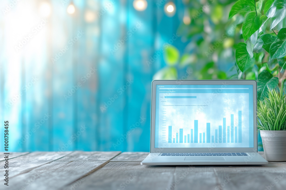Aufkleber a laptop displaying data analysis in a bright and vibrant green workspace setting