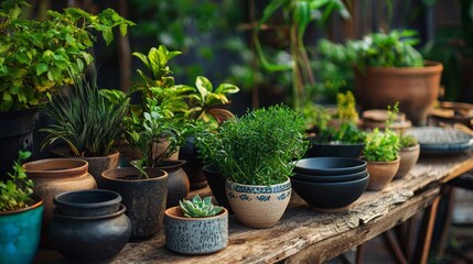 Potted plants arranged on a wooden table in a garden setting