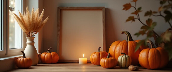 This image showcases a fall-themed decoration on a table next to a window, featuring several pumpkins of different sizes and colors, a lit candle, and a vase with dried plants. In the center.