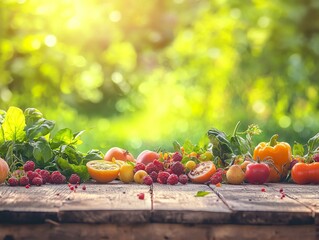 array of colorful organic fruits and vegetables laid out on a rustic wooden table surrounded by a lush garden illuminated by soft daylight.