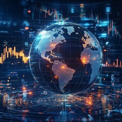 Obraz premium A vibrant digital globe showcasing the world within a tech-inspired backdrop. This image portrays data analytics and global connectivity. Ideal for technology and finance themes. AI