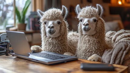 Fototapeta premium Two alpacas look intently at a laptop on a desk.