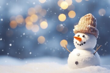 Fototapeta premium Christmas winter smiling happy snowman frosty snow new year celebration holiday cute decoration greeting december eve face funny white snowball with scarf hat carrot xmas festivity shiny flakes smile
