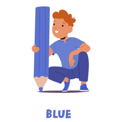 Happy Cartoon Boy Holding A Large Blue Pencil. Fun And Educational Image Highlights Creativity And Learning Blue Color