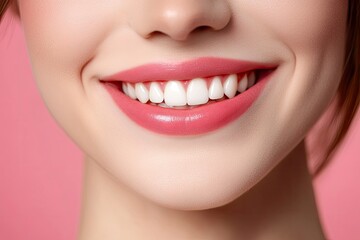 Naklejka premium Close-up photo portrait of woman smiling mouth lips teeth isolated on pastel pink colored background with generative ai